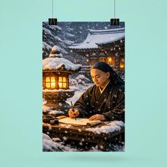 Dogen writing beside winter temple lantern poster 6