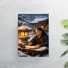 Dogen writing beside winter temple lantern poster 7