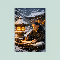 Dogen writing beside winter temple lantern poster 8