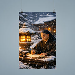 Dogen writing beside winter temple lantern poster 9