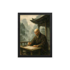 Dogen writing in mountain temple mist framed print on a plain backdrop in size 12"x16".