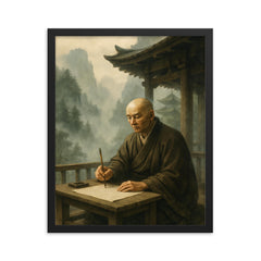 Dogen writing in mountain temple mist framed print on a plain backdrop in size 16"x20".