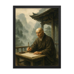 Dogen writing in mountain temple mist framed print on a plain backdrop in size 18"x24".