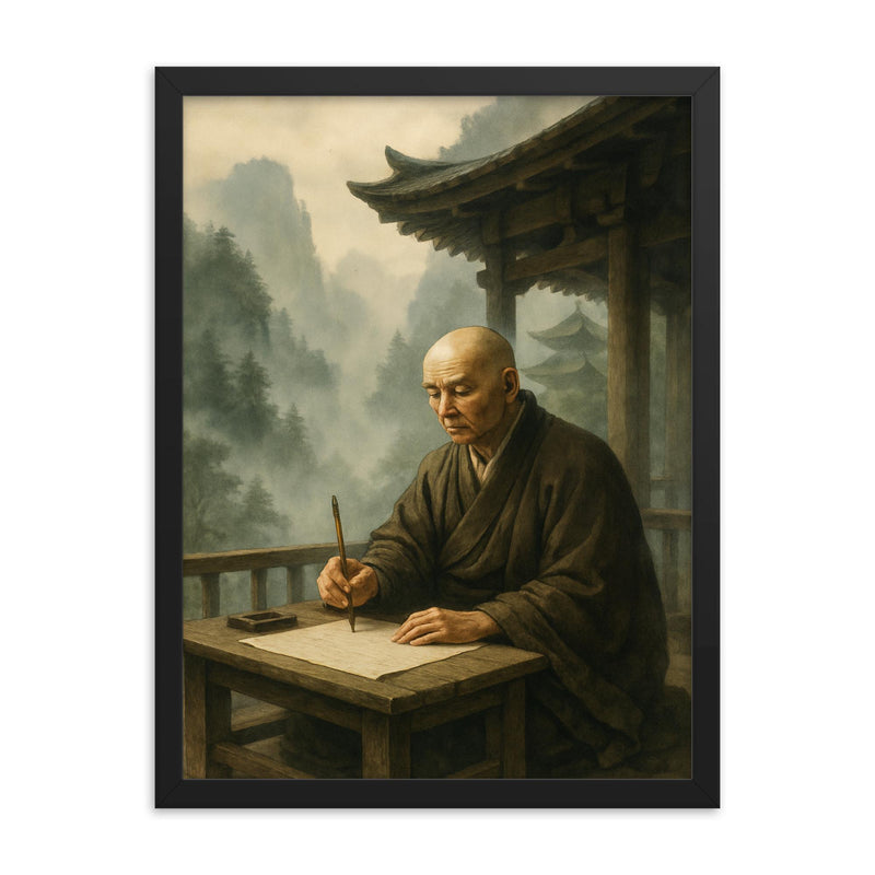 Dogen writing in mountain temple mist framed print on a plain backdrop in size 18