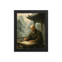 Dogen writing in mountain temple mist framed print on a plain backdrop in size 8"x10".