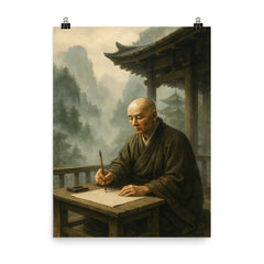 Dogen writing in mountain temple mist poster on a plain backdrop in size 8"x10".