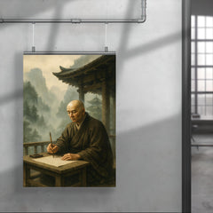 Dogen writing in mountain temple mist poster 4