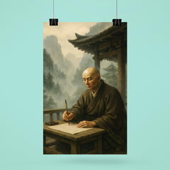Dogen writing in mountain temple mist poster 6