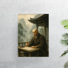 Dogen writing in mountain temple mist poster 7