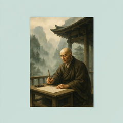 Dogen writing in mountain temple mist poster 8