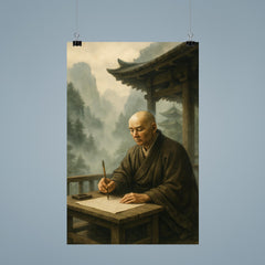 Dogen writing in mountain temple mist poster 9