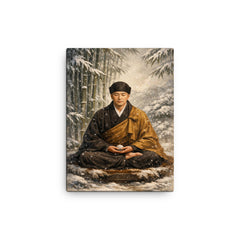 Dogen Zenji seated before winter bamboo canvas print on a plain backdrop in size 12"x16".