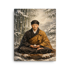 Dogen Zenji seated before winter bamboo canvas print on a plain backdrop in size 16"x20".