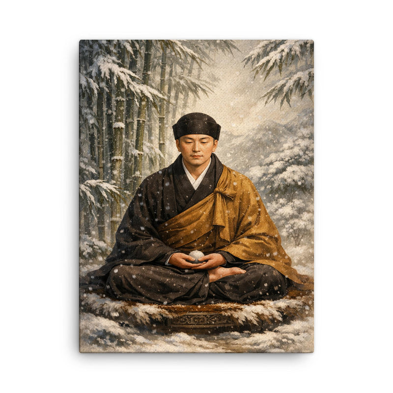 Dogen Zenji seated before winter bamboo canvas print on a plain backdrop in size 18