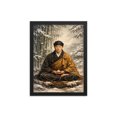 Dogen Zenji seated before winter bamboo framed print on a plain backdrop in size 12"x16".