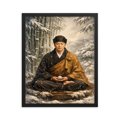 Dogen Zenji seated before winter bamboo framed print on a plain backdrop in size 16"x20".