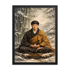 Dogen Zenji seated before winter bamboo framed print on a plain backdrop in size 18"x24".