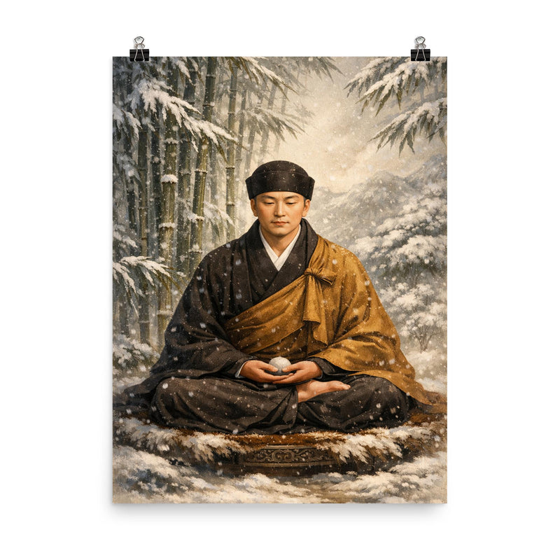 Dogen Zenji seated before winter bamboo poster on a plain backdrop in size 8