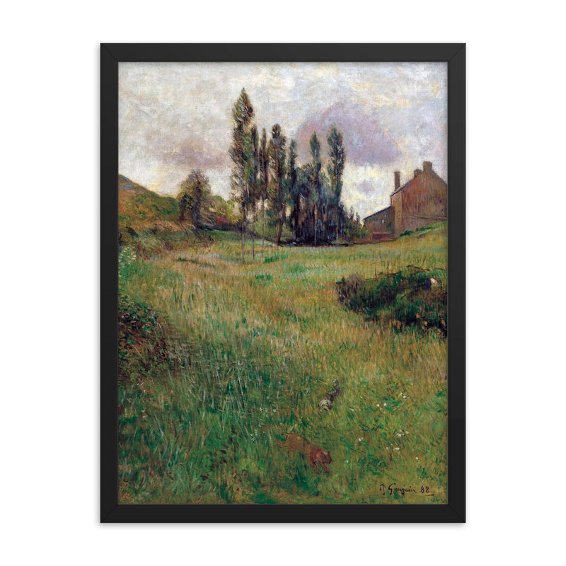 Dogs Running Through a Field by Paul Gauguin, 1888 framed print on a plain backdrop in size 18