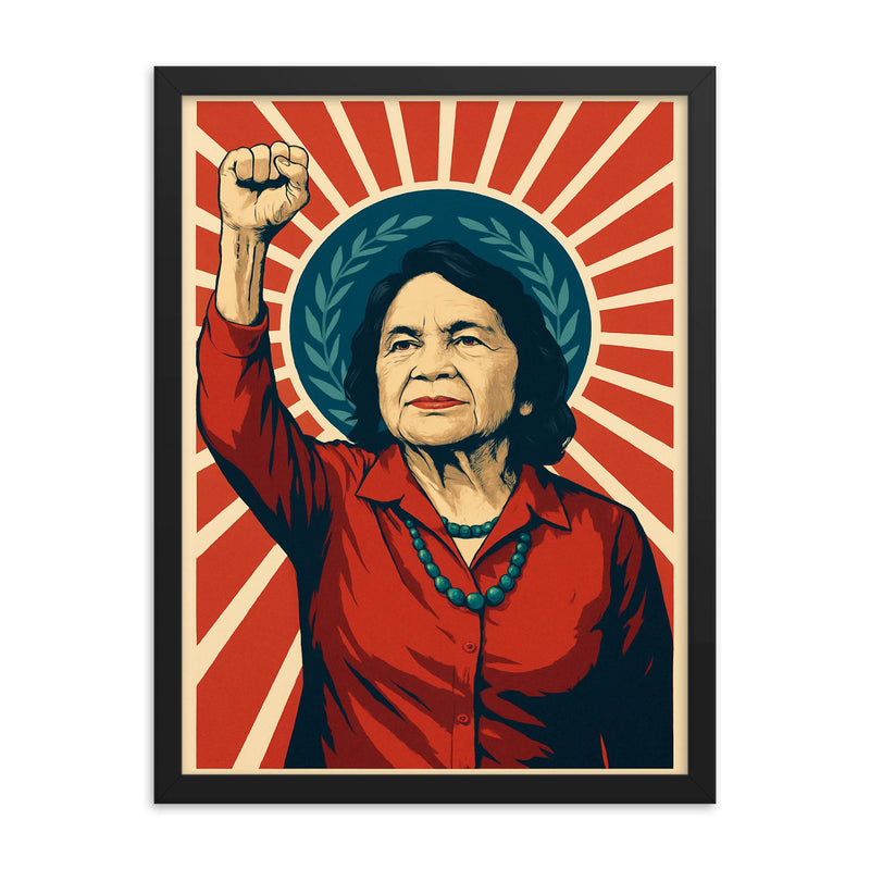 Dolores Huerta framed print on a plain backdrop in size 18