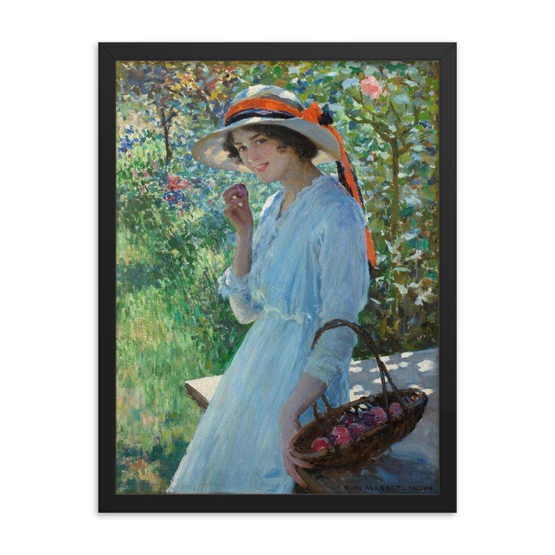 Don't Tell by William Henry Margetson, 1916 framed print on a plain backdrop in size 18