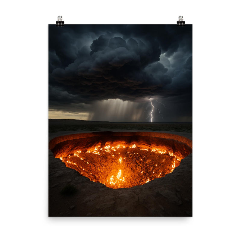 Door to Hell crater beneath storm clouds poster on a plain backdrop in size 8