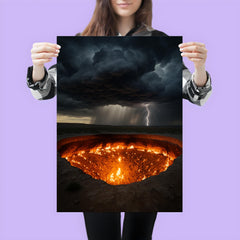 Door to Hell crater beneath storm clouds poster 3