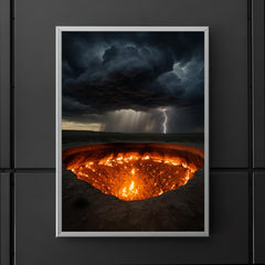 Door to Hell crater beneath storm clouds poster 5