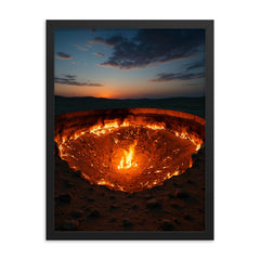 Door to Hell Darvaza Turkmenistan framed print on a plain backdrop in size 18"x24".