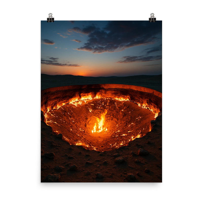 Door to Hell Darvaza Turkmenistan poster on a plain backdrop in size 8