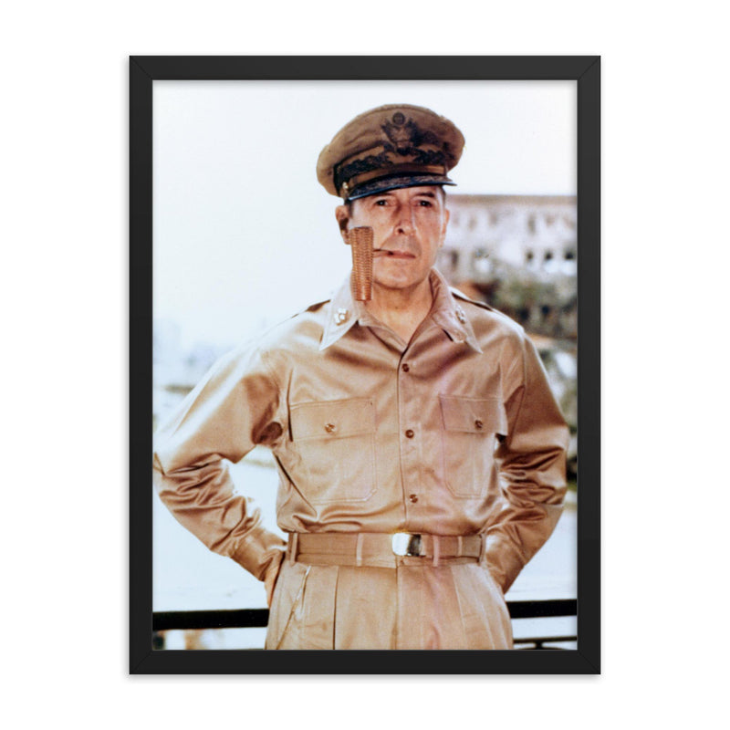 Douglas MacArthur framed print on a plain backdrop in size 18