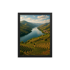 Douro Valley Vine Terraces Portugal framed print on a plain backdrop in size 12"x16".