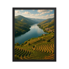 Douro Valley Vine Terraces Portugal framed print on a plain backdrop in size 16"x20".