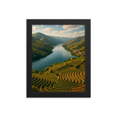 Douro Valley Vine Terraces Portugal framed print on a plain backdrop in size 8"x10".