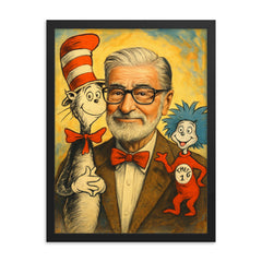 Dr Seuss Theodor Seuss Geisel framed print on a plain backdrop in size 18"x24".