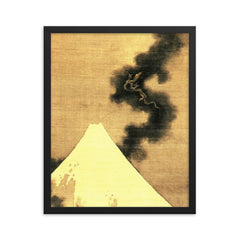 Dragon of Smoke Escaping Mount Fuji by Katsushika Hokusai framed print on a plain backdrop in size 16"x20".