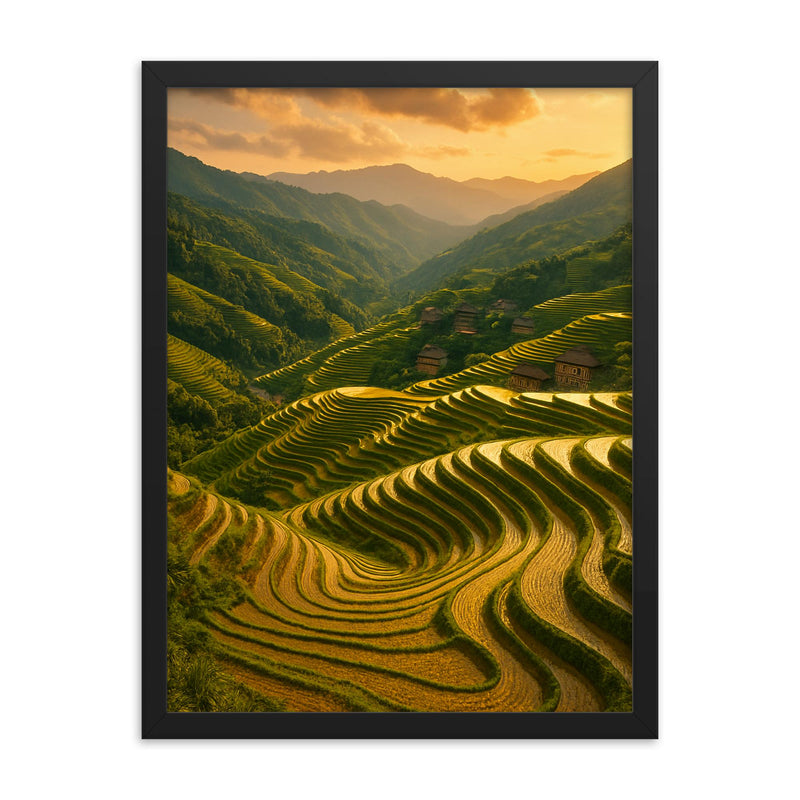 Dragon's Backbone Rice Terraces China framed print on a plain backdrop in size 18