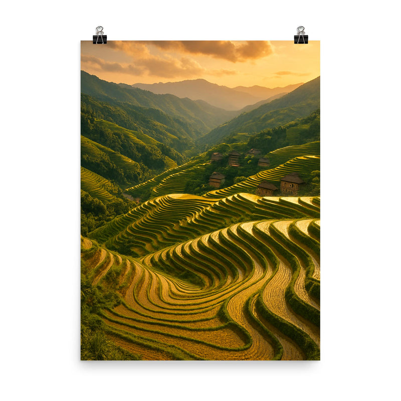 Dragon's Backbone Rice Terraces China poster on a plain backdrop in size 8