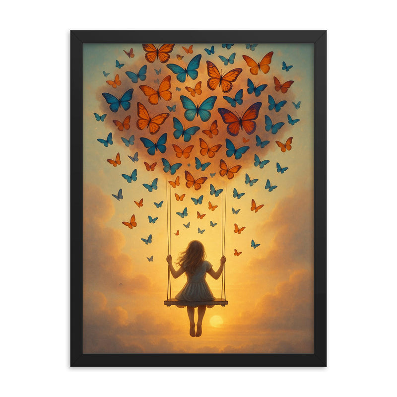 Dreamflight on Butterfly Wings framed print on a plain backdrop in size 18