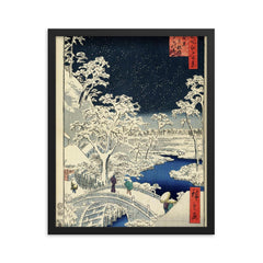 Drum Bridge at Meguro and Sunset Hill by Utagawa Hiroshige - 1857 framed print on a plain backdrop in size 16"x20".