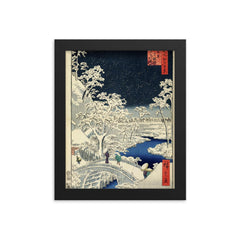 Drum Bridge at Meguro and Sunset Hill by Utagawa Hiroshige - 1857 framed print on a plain backdrop in size 8"x10".