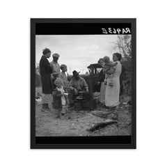 Dust Bowl refugees along highway near Bakersfield, California by Dorothea Lange framed print on a plain backdrop in size 16"x20".