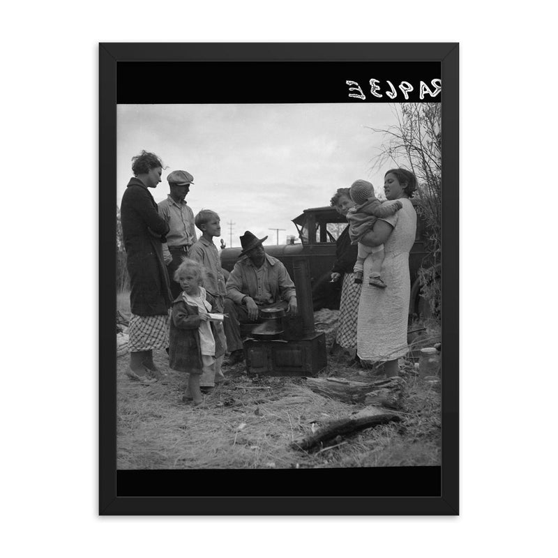 Dust Bowl refugees along highway near Bakersfield, California by Dorothea Lange framed print on a plain backdrop in size 18