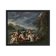 Dutch Death of Hero and Leander by David II Teniers framed print on a plain backdrop in size 16"x20".