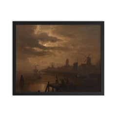Dutch Dordrecht Moonlit Landscape by Felix Kreutzer framed print on a plain backdrop in size 16"x20".