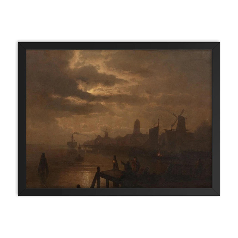Dutch Dordrecht Moonlit Landscape by Felix Kreutzer framed print on a plain backdrop in size 18
