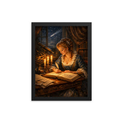 Émilie du Châtelet translating Newton by candlelight framed print on a plain backdrop in size 12"x16".