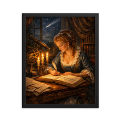 Émilie du Châtelet translating Newton by candlelight framed print on a plain backdrop in size 16"x20".