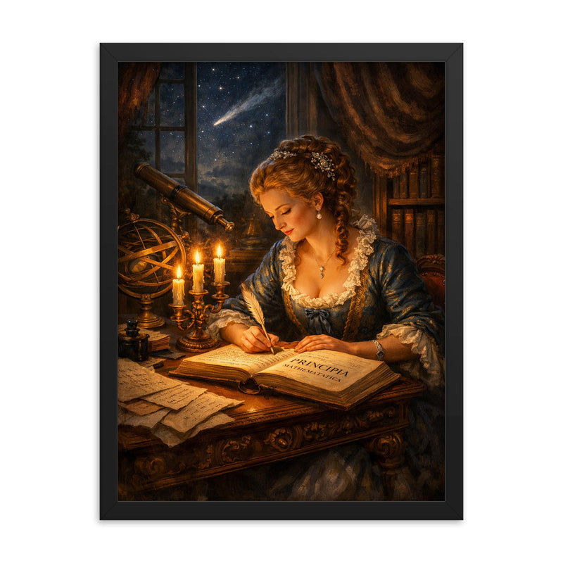 Émilie du Châtelet translating Newton by candlelight framed print on a plain backdrop in size 18