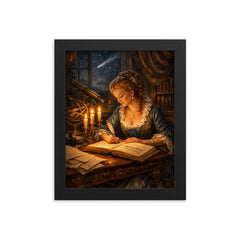 Émilie du Châtelet translating Newton by candlelight framed print on a plain backdrop in size 8"x10".